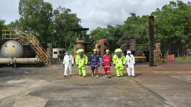 Hazmat worker in protective suit leads chemical refinery safety emergency drill, response team walking across yard in training exercise, contamination control and spill preparedness under cloudy sky