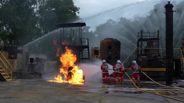 Firefighter fire hose water spray training emergency response at industrial blaze suppression drill, factory yard crew in protective suit battling fuel flame, heavy smoke mist teamwork