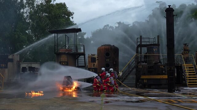 Firefighter fire hose water spray and foam training for industrial emergency response at refinery yard drill, protective team suppressing vehicle fuel blaze on wet ground amid heavy smoke