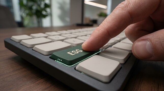 ESG reporting and corporate sustainability compliance represented by finger pressing green keyboard button