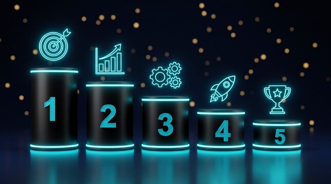 Illuminated blue neon podium steps featuring business icons representing five distinct growth stages arranged in a clean modern sequence line