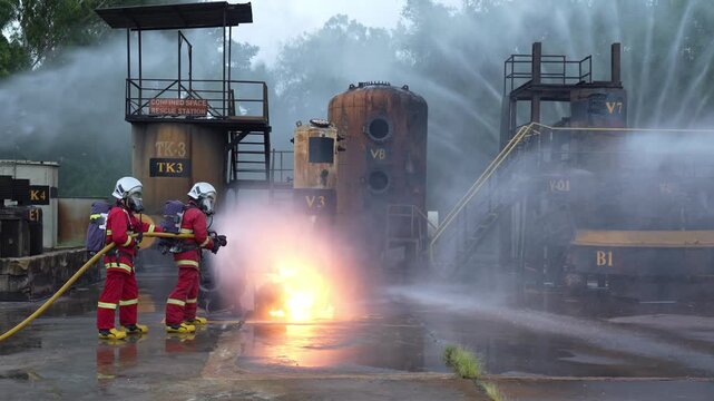 Firefighter fire hose water spray, industrial plant training drill for safety, live burn emergency response with smoke and flame, crew in protective suit controlling fuel fire on wet ground