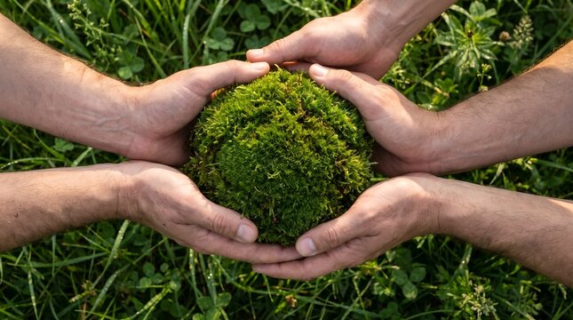 Global teamwork and community partnership concept featuring multiple hands supporting a green mossy earth sphere for environmental conservation