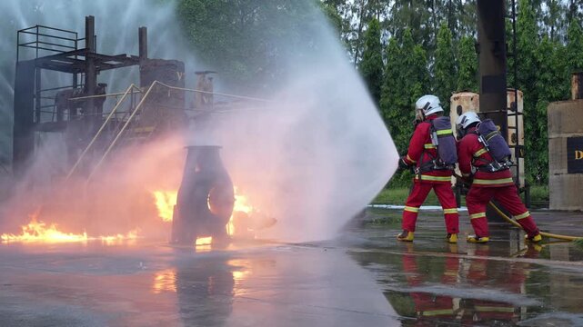 Firefighter fire hose water foam emergency rescue training industrial blaze suppression drill at outdoor plant, crew in protective suit spraying foam stream on burning equipment, smoke, wet pavement