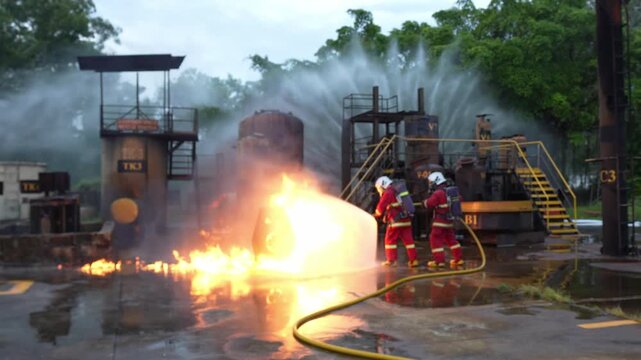 Firefighter fire hose water spray during industrial training drill at refinery facility, emergency response team in safety gear controls flame and smoke on wet concrete with high pressure stream