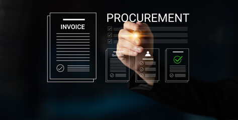 Obraz premium Hand interacts with digital documents related to procurement, showcasing financial processes and the importance of efficiency in modern business operations. Cyphers