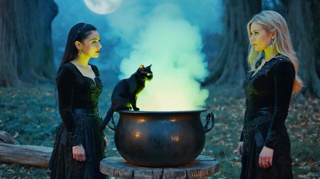 Two witches perform magic with a cauldron and a black cat in a forest under a full moon