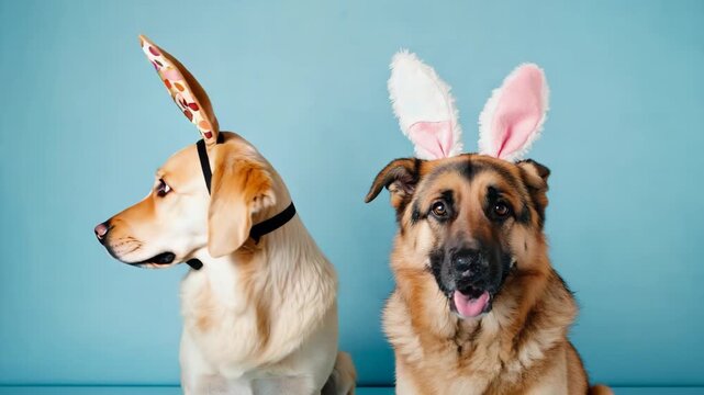 Dogs wear bunny ears for Easter celebration with friends at home