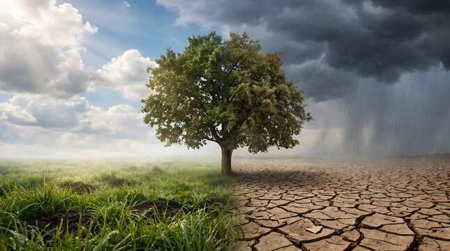 Climate change concept showing contrast between lush green tree and barren drought land symbolizing environmental crisis and global warming