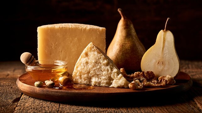 Cheese, pear, honey, and nuts rest on a wooden board under dim light.