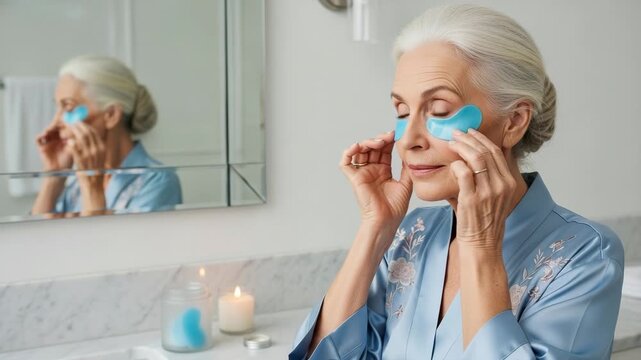 Woman applies skin care patches in bathroom while looking in mirror