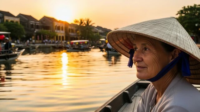 Sunset at the river with local woman enjoying life in Hoi An