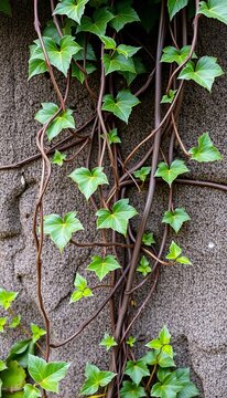 Tendrils of dark ivy wrapping around several prostrate small plant stems, leafy, natural