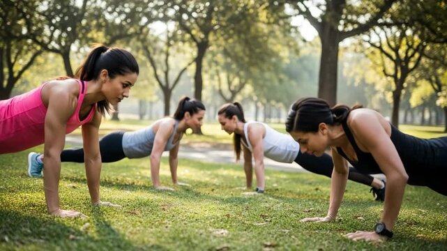 Women training outdoors in a park doing push ups in the morning sun with trees around