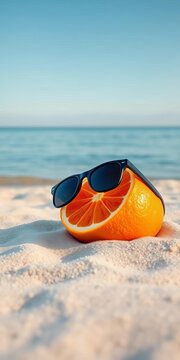 Sliced orange wearing sunglasses reclines on sandy beach with calm sea in background, fruit, warm