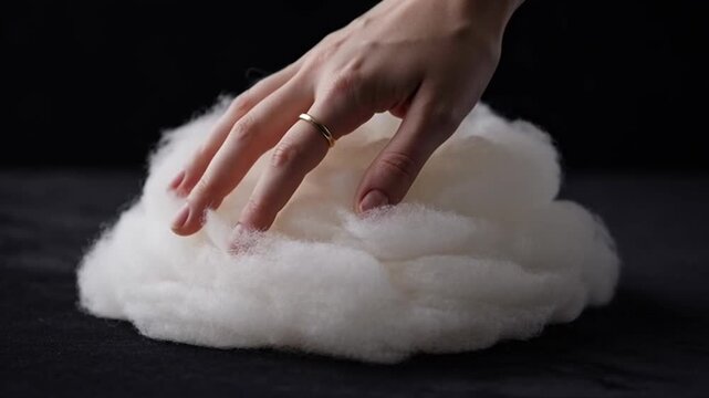 A hand gently touching and shaping a soft fluffy cloud of white cotton fiber.