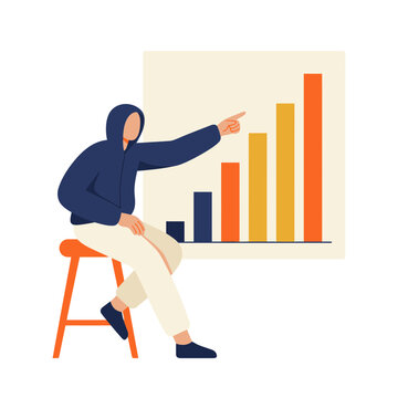 Person in a hoodie sits on a stool and points at a bar chart showing business analytics.