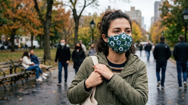 Young woman wearing floral face mask in autumn park, people walking in city public space, health safety and pandemic lifestyle