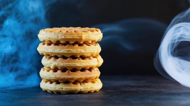 Waffles stacked on a dark surface with smoke in the background