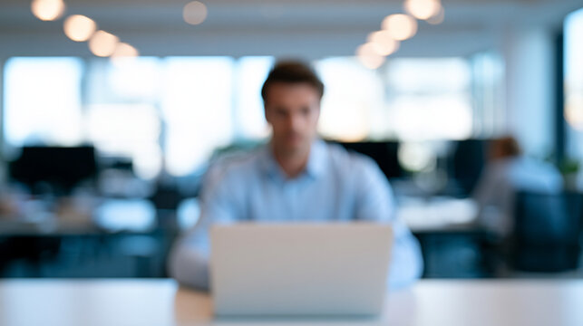 Professional at Laptop Waiting for Digital File Upload in Blurred Bright Office