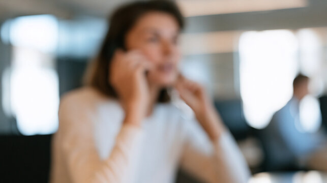 Anonymous Woman at Desk Waiting for Customer Support Phone Call in Blurred Office Background