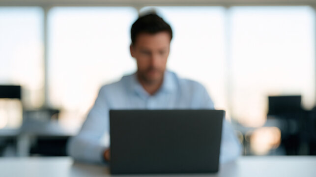 A Professional at Laptop Waiting for Digital File Upload in Blurred Bright Office