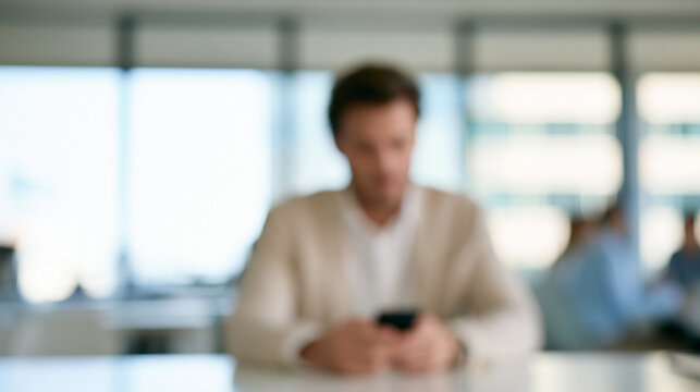 Blurred Conceptual Shot of Corporate Professional Holding Smartphone Waiting for Confirmation