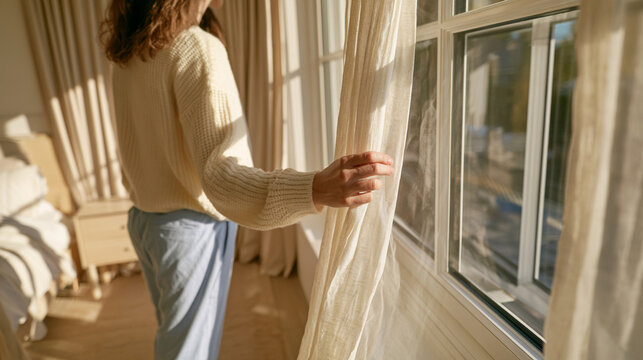 Homeowner Discovering Window Draft in Cozy Bedroom Testing Home Insulation and Energy Efficiency