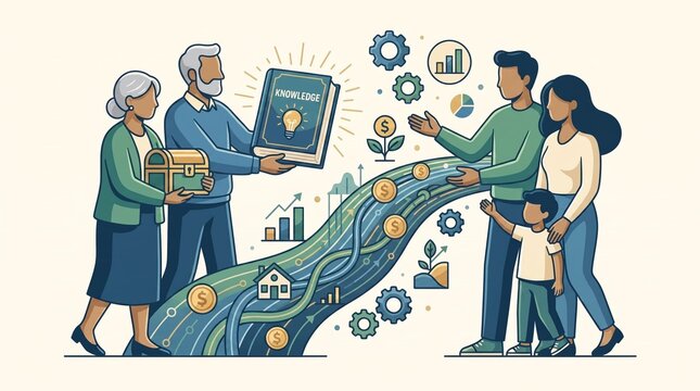 Elderly couple transferring generational knowledge and wealth to a younger family through an illustrated artistic concept