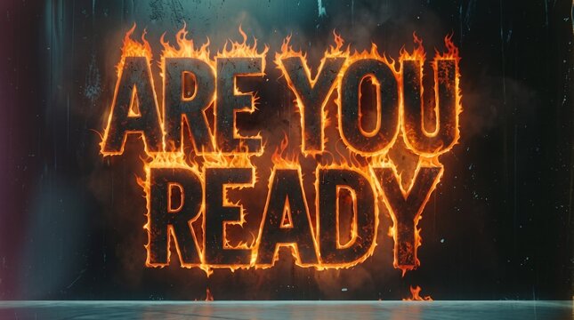 Burning typography displaying the phrase are you ready with intense orange flames and dark textured background