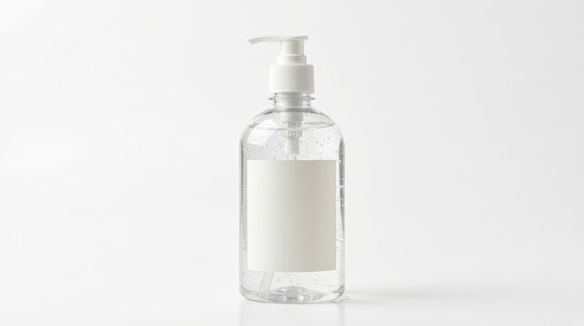 Clear plastic pump bottle with blank white label, antiseptic hand sanitizer dispenser, cosmetic soap packaging mockup on white background