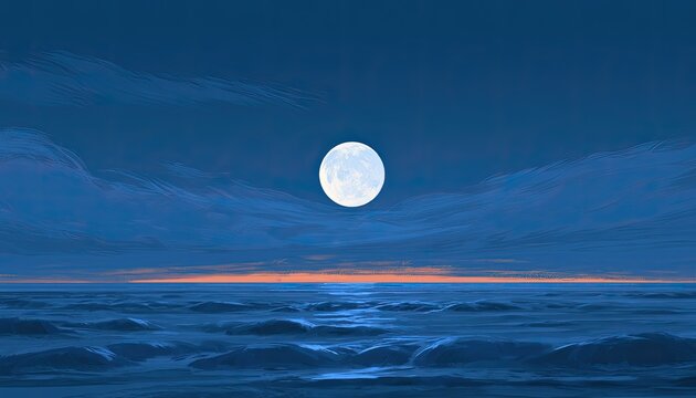 Luminous full moon shines over serene ocean waves at twilight