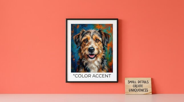 Vibrant dog portrait painting in a black frame mounted on a coral wall next to a small wooden quote sign. This modern interior mockup displays artistic canine home decor with bright colorful art