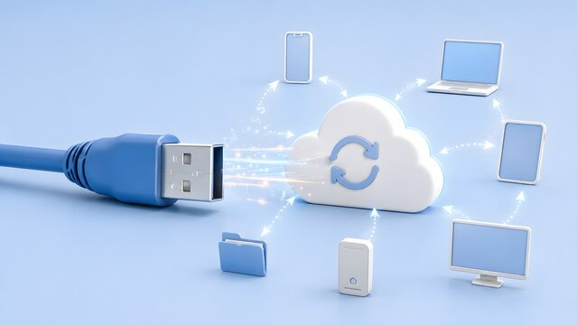 Cloud computing sync concept with a USB cable connecting to a central cloud icon linking multiple devices like laptops and smartphones