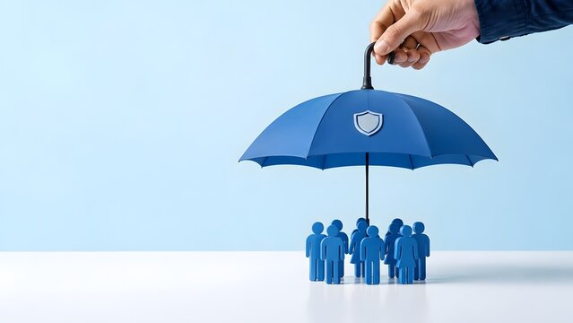 Large hand holding a blue protective umbrella with a shield over a group of people representing life insurance and social security coverage