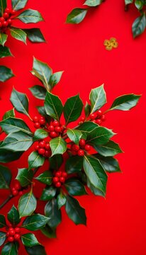 Bright red background with festive holly and mistletoe, greenery, cheer