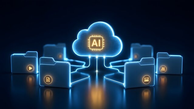 Glowing blue AI cloud computing connected to digital file folders for smart data storage and artificial intelligence organization