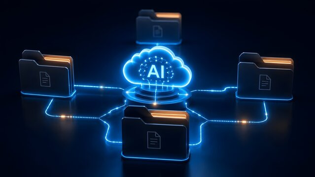 Centralized AI cloud network node distributing data to multiple digital folders for smart automated synchronization and backup