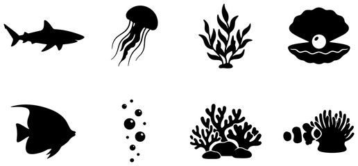 Obraz premium Ocean Life Icons: Shark, Jellyfish, Coral, Fish, Shell, Bubbles, Seaweed