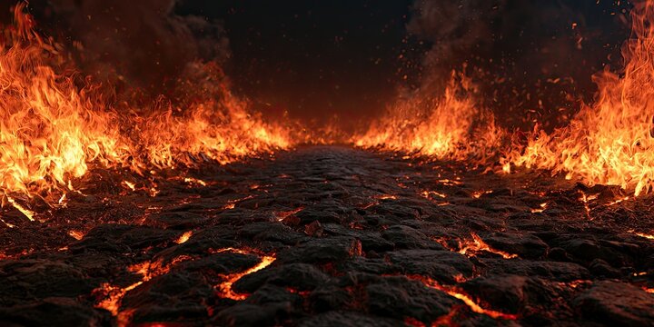 A blazing path of molten rock and fire stretches into a smoky inferno