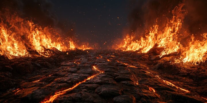 Cracked, fiery earth with molten lava streams under inferno flames