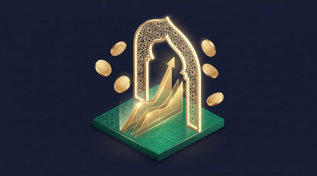 Islamic Finance 3D Isometric Golden Growth Chart and Coins