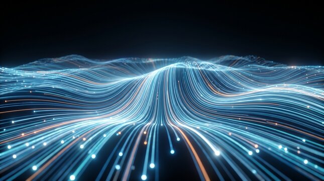 Futuristic Data Streams Flowing Over Dark Background
