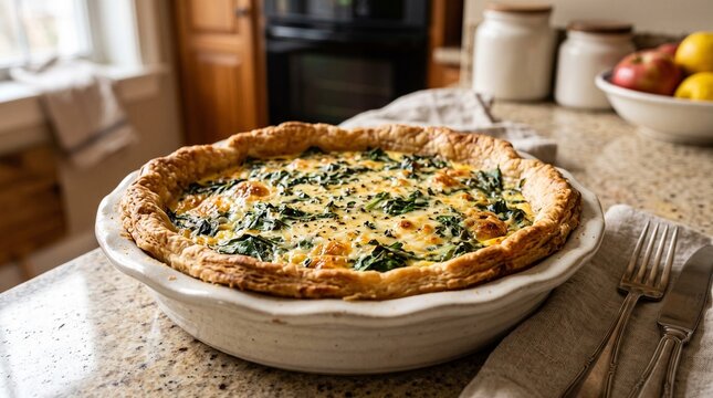 Fresh Spinach and Cheese Quiche Baking in Oven