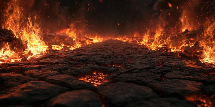 A cracked, desolate path leading through intense flames and inferno