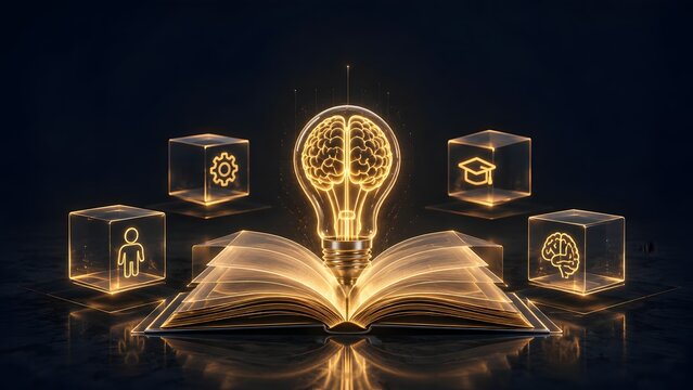 Open book with a glowing golden lightbulb enclosing a brain, surrounded by 3D glass cubes with educational icons, representing brilliant ideas and knowledge.