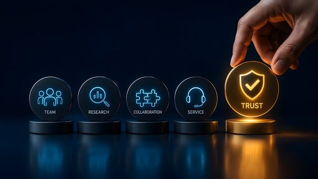 Hand selecting a glowing golden trust icon among neon business values of team, research, collaboration, and service on a dark digital background.