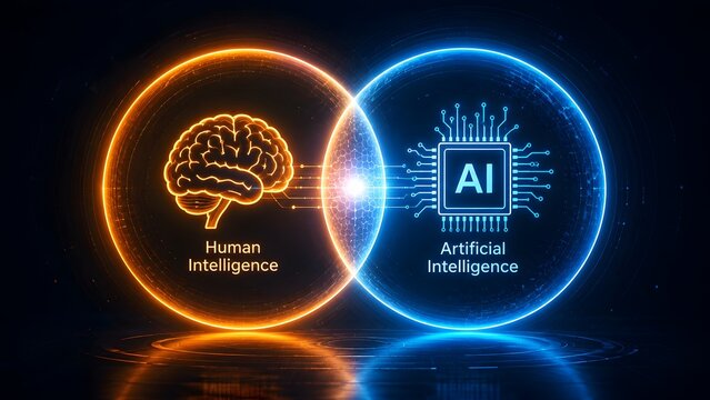 Glowing neural network intersection bridging human intelligence brain and artificial intelligence microchip in a dark futuristic cyberspace environment.