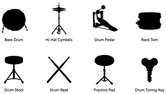 Drum Set Components Vector Icons: Bass Drum, Hi-Hat, Pedal, Tom, Stool, Beat, Pad, Key