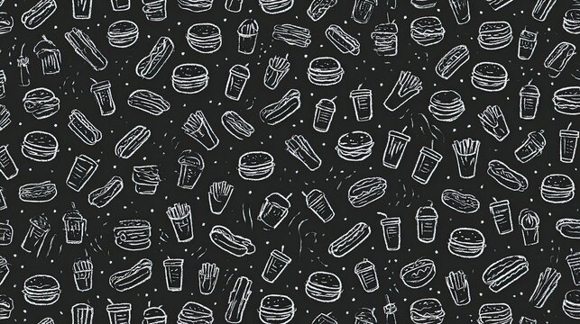 Repeating doodle pattern of various fast food items on a black background